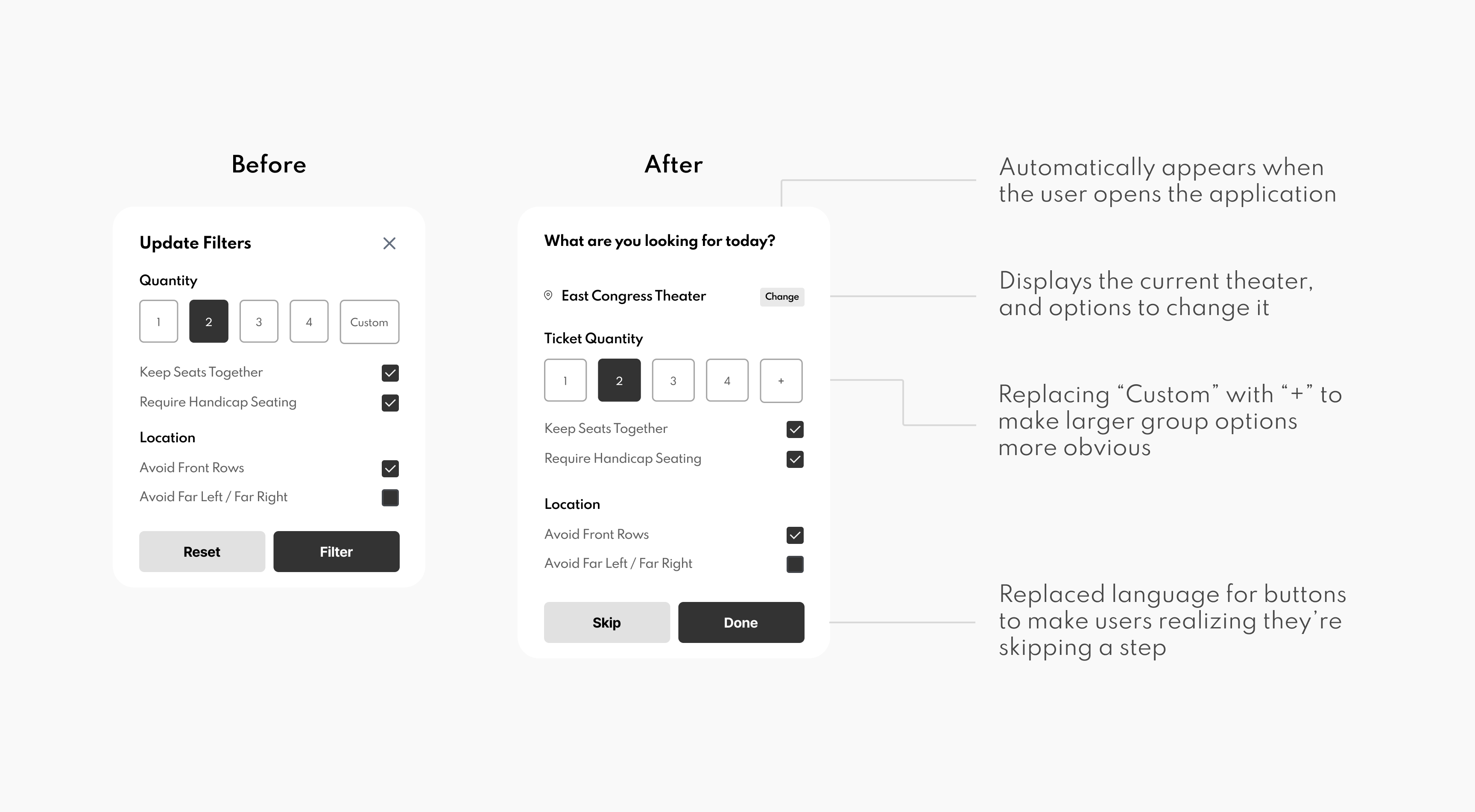 Low fidelity wireframes that display movie theater seat selection flow