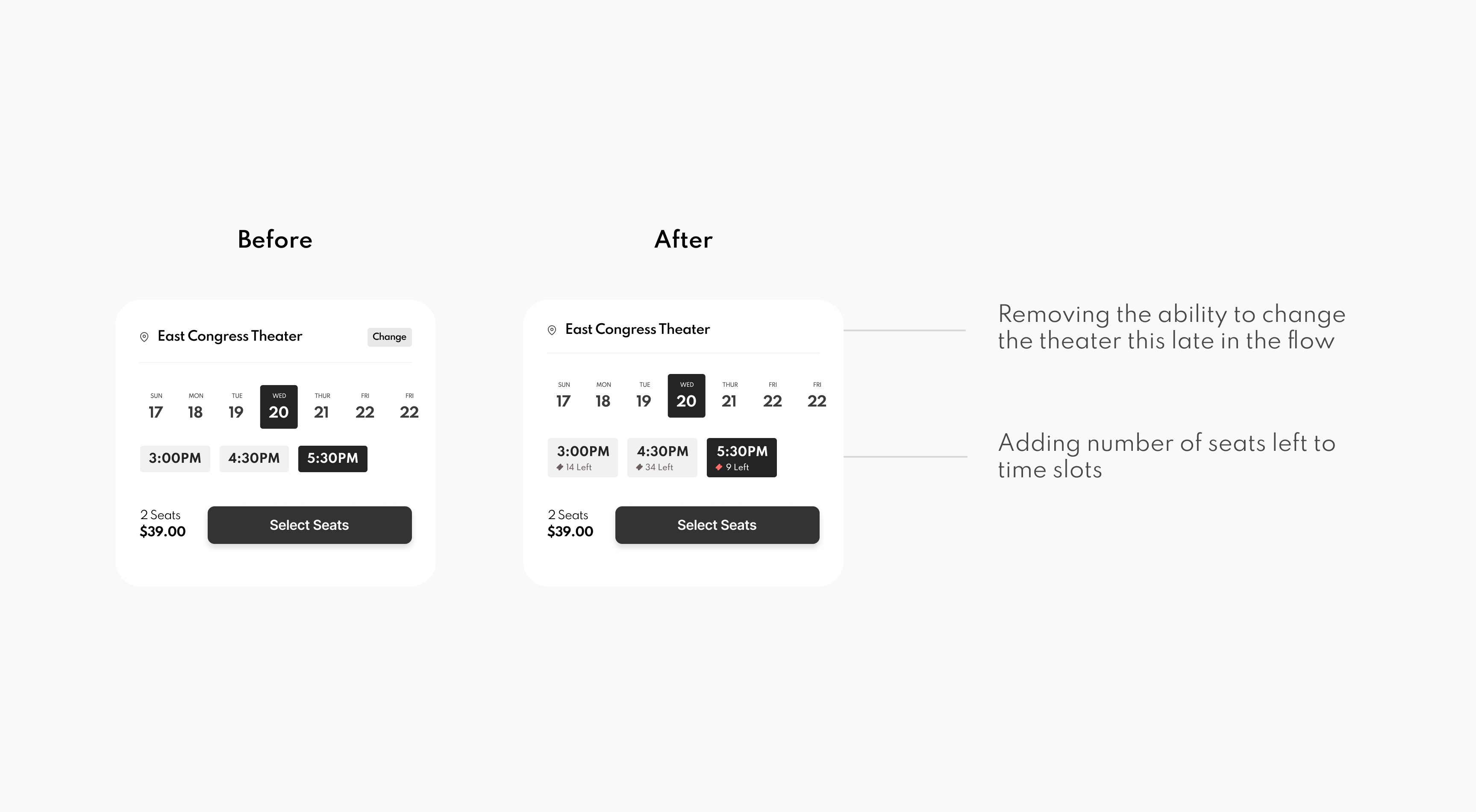 Low fidelity wireframes that display movie theater seat selection flow
