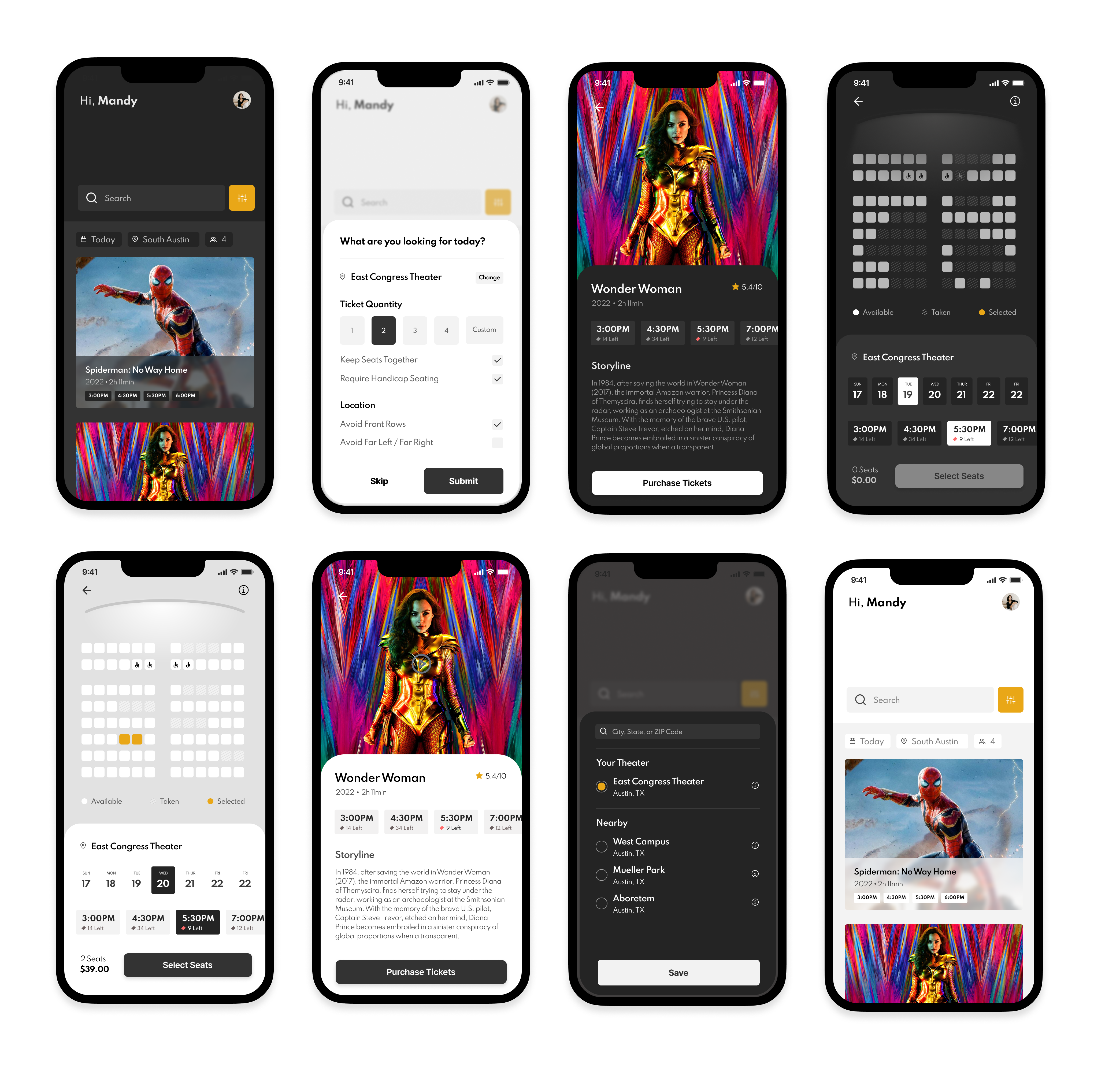 Low fidelity wireframes that display movie theater seat selection flow