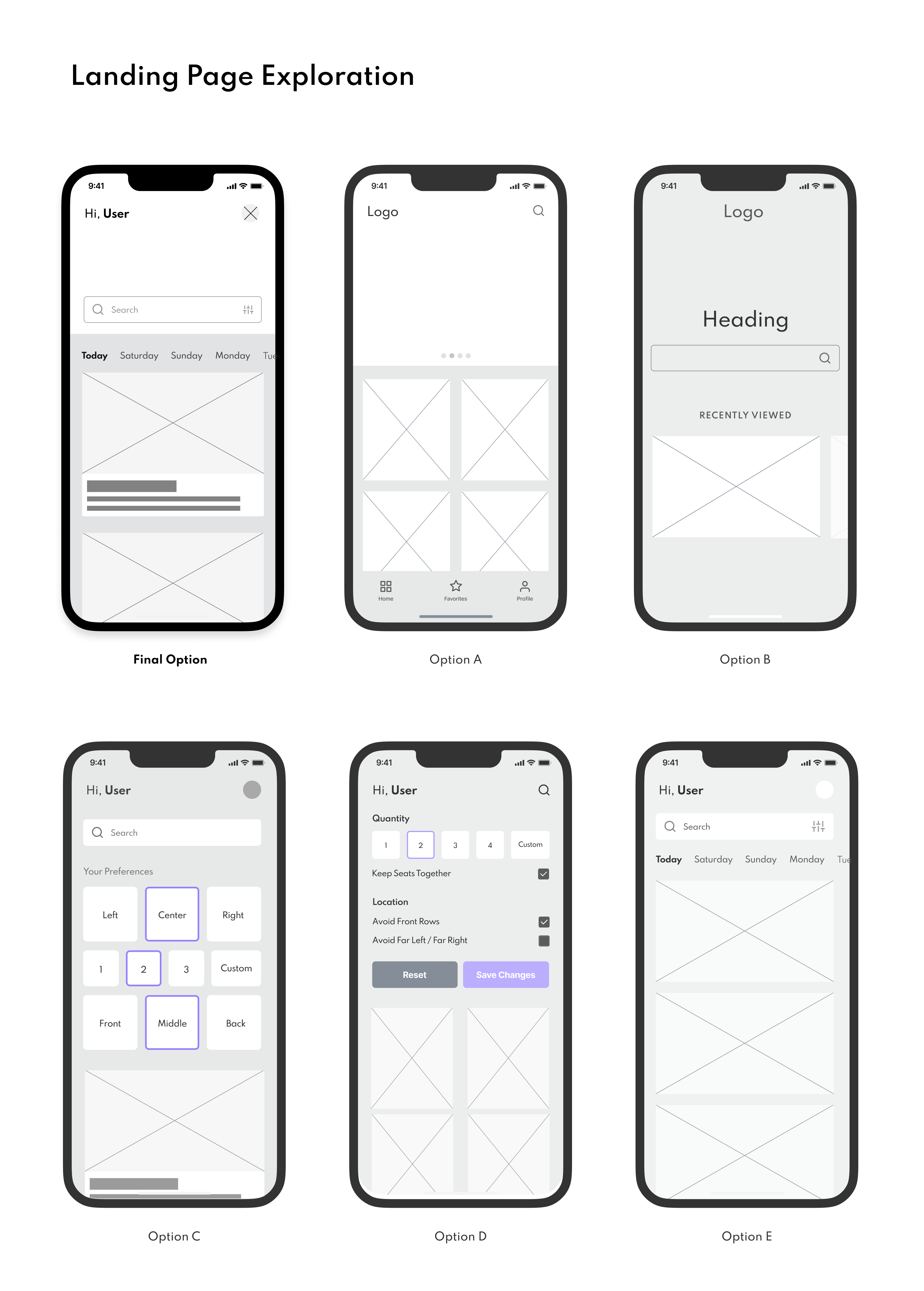 Low fidelity wireframes that display movie theater seat selection flow