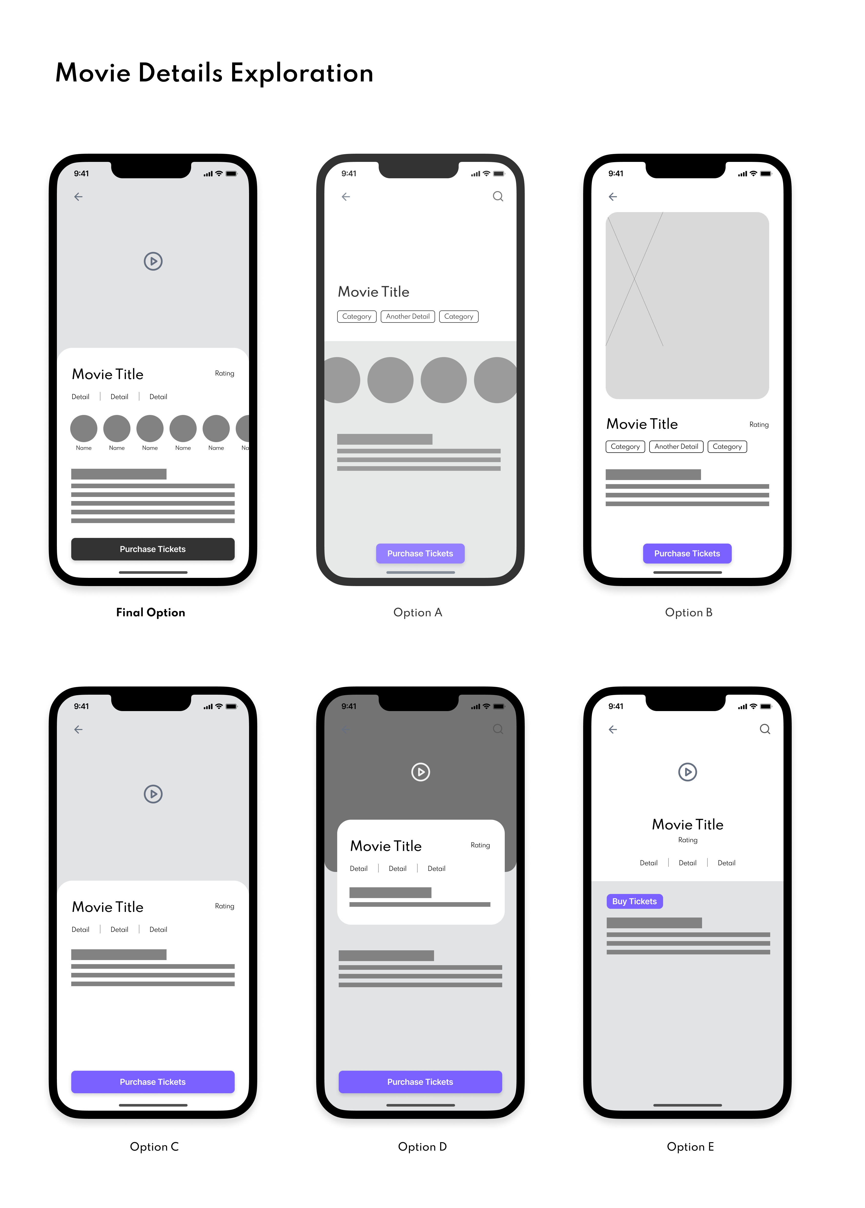 Low fidelity wireframes that display movie theater seat selection flow