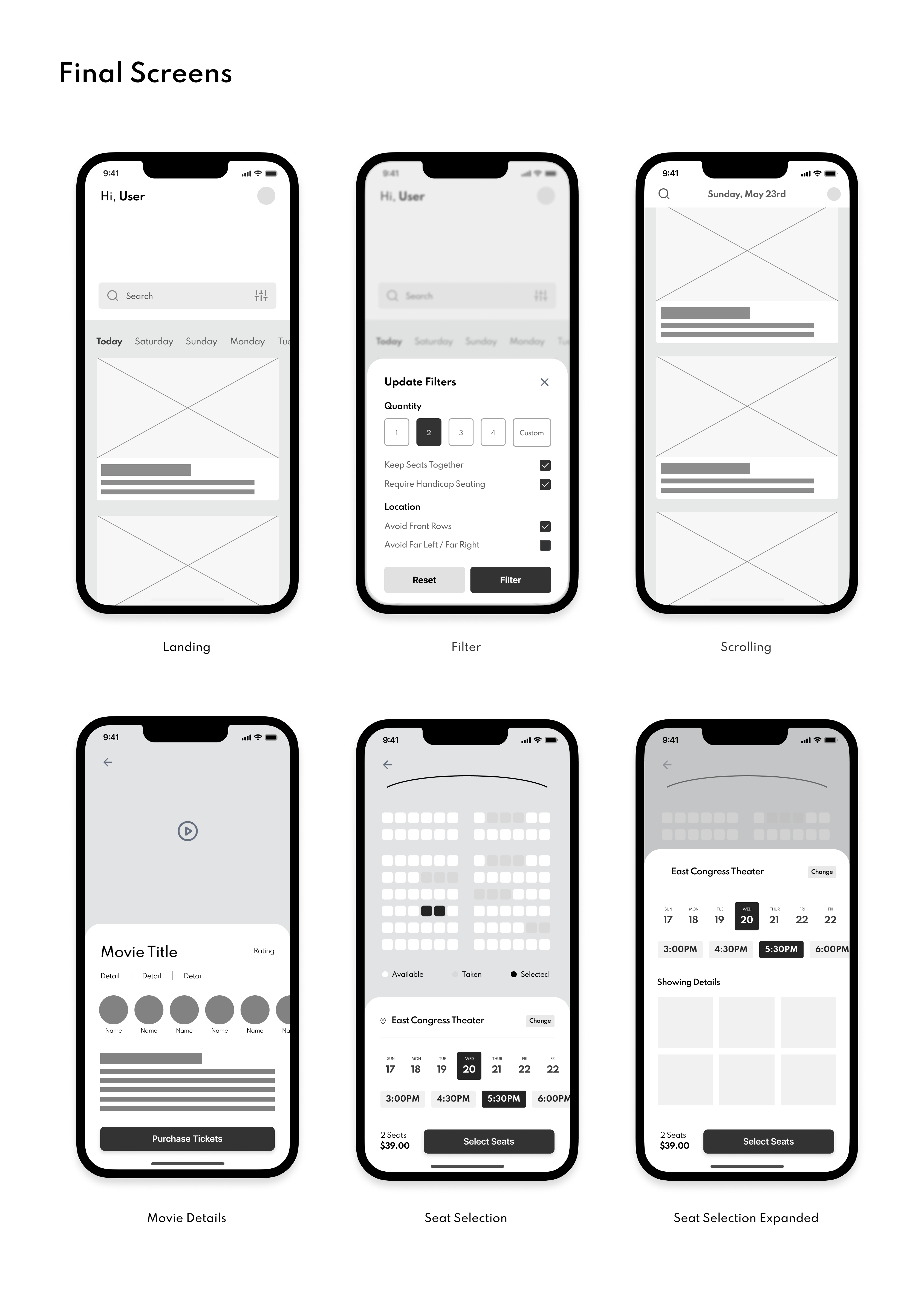 Low fidelity wireframes that display movie theater seat selection flow